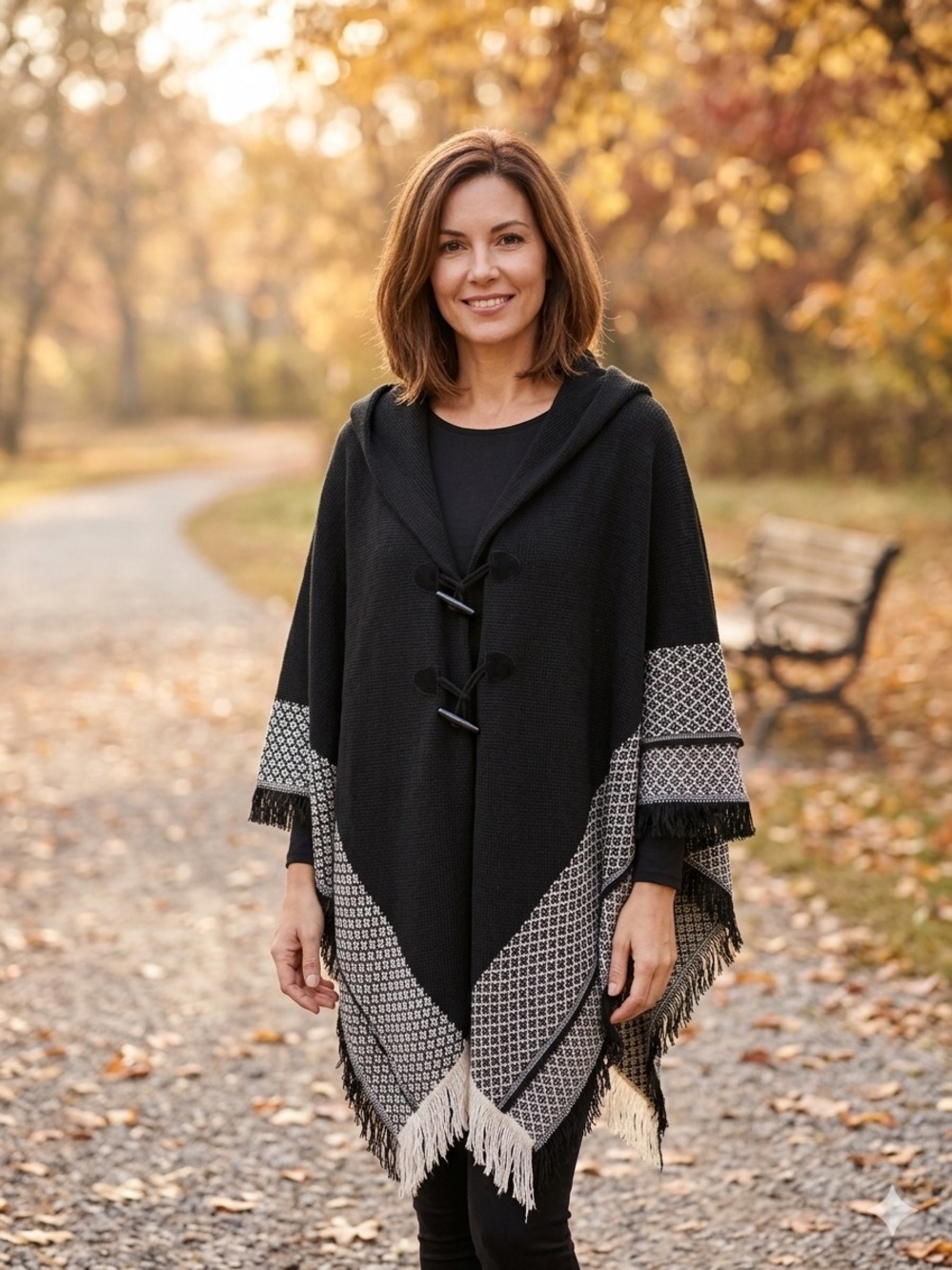 Mixit Black Hooded Fringe Poncho with Ivory Trim